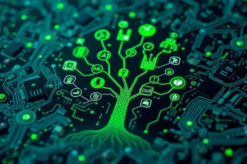 Abstract vector art of a decentralized financial network, with interconnected nodes forming a tree structure and glowing icons representing sustainable projects and green energy. Clean energy symbols emerge from digital earth roots.