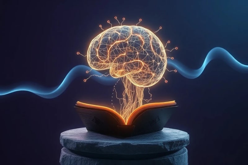 Representación 3D de redes neuronales con ondas sonoras en un cerebro estilizado