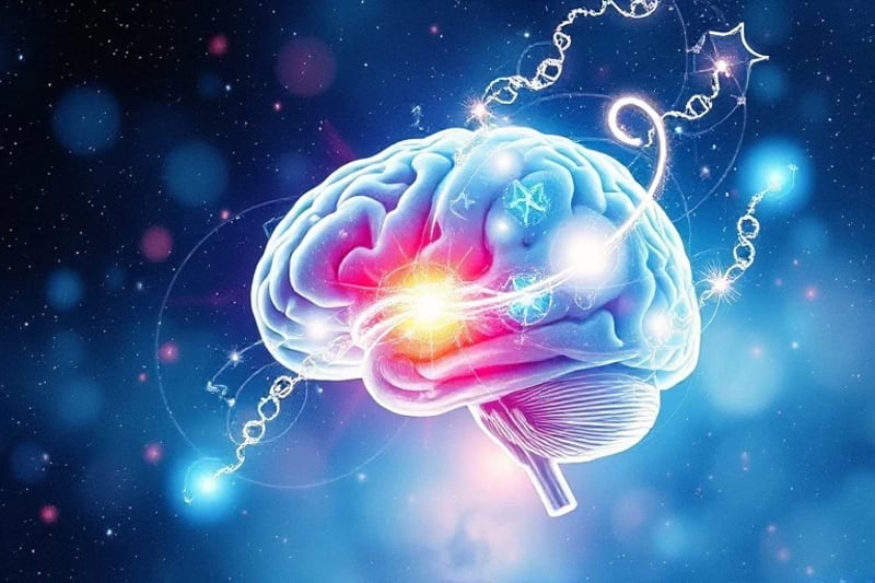 Representación 3D de un cerebro estilizado fusionándose con un paisaje cósmico y proyecciones holográficas.