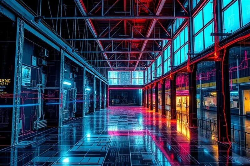 Ilustración abstracta de redes neuronales fusionadas con planos arquitectónicos.