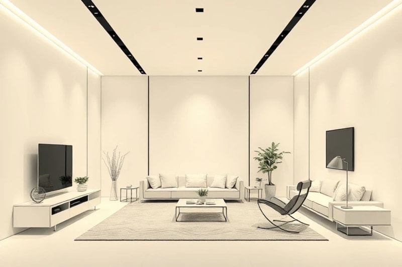 Representación 3D de un espacio modular con iluminación inteligente y mobiliario ergonómico.