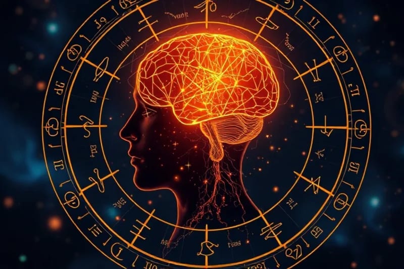 Un cerebro estilizado con conexiones neuronales que forman patrones geométricos sagrados, simbolizando la activación de códigos internos
