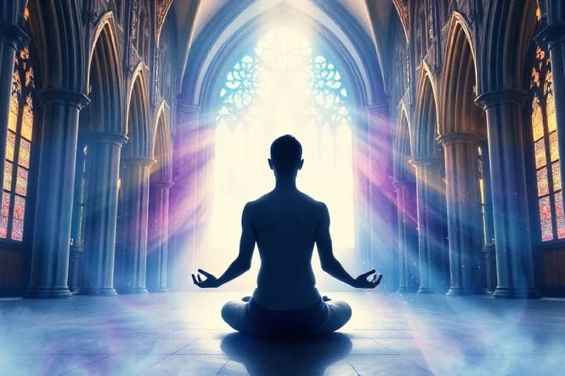 Pintura acuarela de una figura humana meditando, rodeada de energías curativas y patrones de redes neuronales abstractos y formas geométricas sagradas.