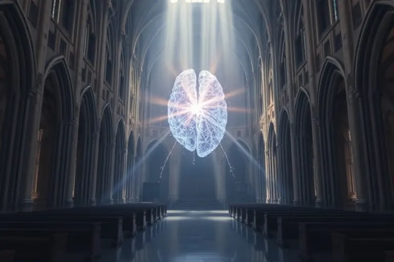 Renderizado 3D de vías neuronales cerebrales interactuando con una interfaz digital que muestra patrones de entrelazamiento cuántico, con un corazón luminoso en primer plano.