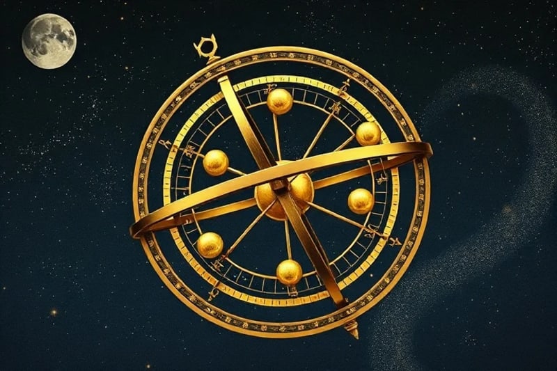 Render 3D de una esfera armilar antigua con orbes brillantes de estrellas fijas