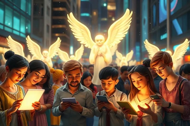 Grupo de personas de diversas edades usando dispositivos digitales, rodeadas de presencias angelicales sutiles y translúcidas, en un entorno urbano moderno.