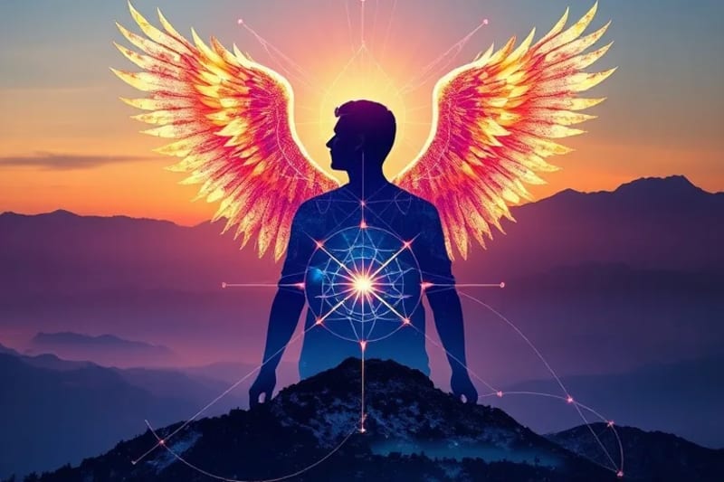 Formas geométricas abstractas y líneas luminosas que crean un escudo protector alrededor de una silueta humana estilizada, con alas angelicales integradas en el diseño.