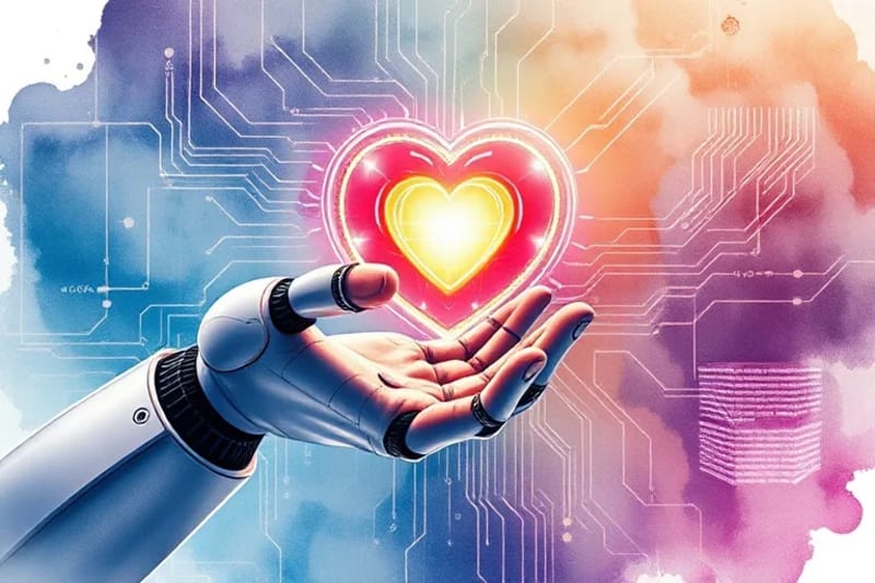 Representación de una mano robótica estilizada tocando un símbolo de corazón etéreo, con circuitos y datos de fondo.