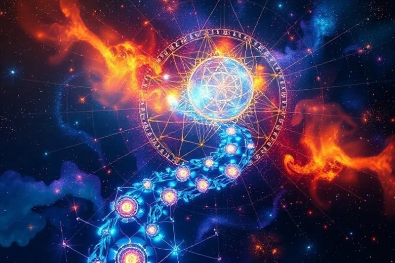 Representación digital de un camino sinuoso con números y símbolos de tarot luminosos