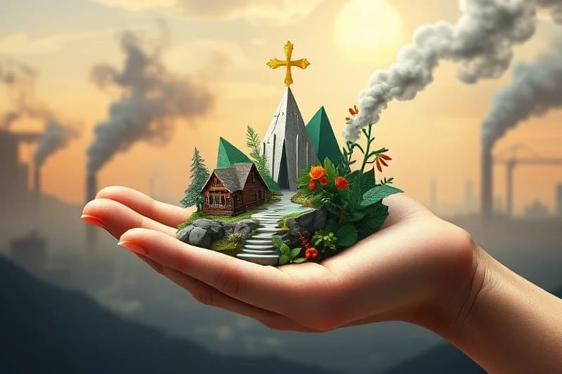 Mano humana sosteniendo un ecosistema en miniatura, con contaminación abstracta de fondo