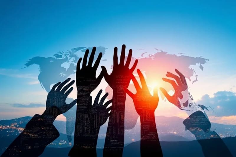 Vector art of diverse hands collaborating to build a digital blockchain structure, symbolizing collective decision-making and community involvement.
