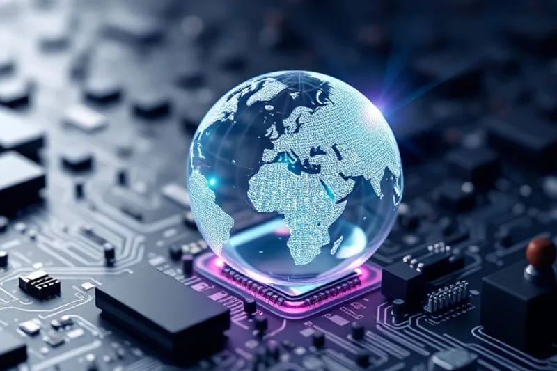 3D render of a transparent, crystalline blockchain structure emerging from a stylized globe, illuminating social icons like voting booths, healthcare symbols, and education motifs.