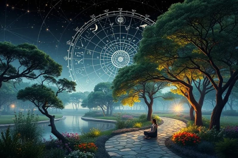 Pintura digital de un parque urbano sereno con patrones naturales intrincados y líneas de energía sutiles visibles, conectando árboles, agua y caminos. Personas meditando o practicando tai chi se fusionan con el ambiente armonioso.