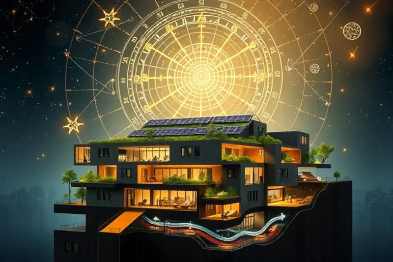 Diagrama de sección transversal de un edificio sostenible en un entorno urbano, mostrando paneles solares, techos verdes, sistemas de recolección de agua de lluvia y conductos de energía subterráneos, todo diseñado según principios geománticos. Líneas limpias, técnico y artístico, transmitiendo equilibrio y eficiencia.