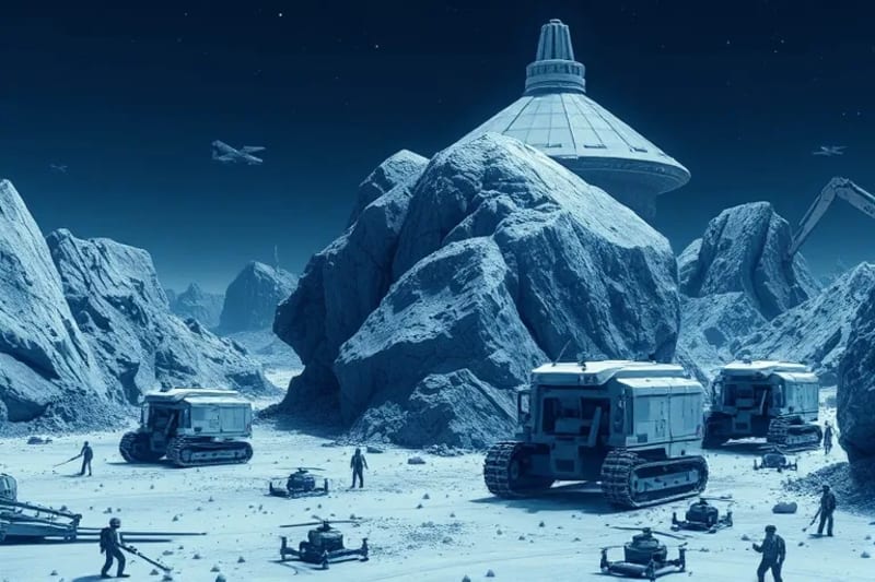 Operación robótica de minería en un asteroide, con drones y excavadoras extrayendo minerales valiosos en un entorno espacial.