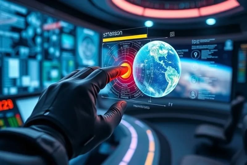 Mano con guante tecnológico interactuando con una interfaz holográfica que muestra esquemas de naves espaciales y datos planetarios.