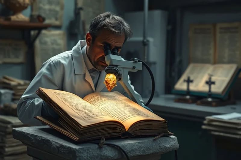 Científico forense examinando un fragmento de tela antigua bajo un microscopio en un laboratorio.