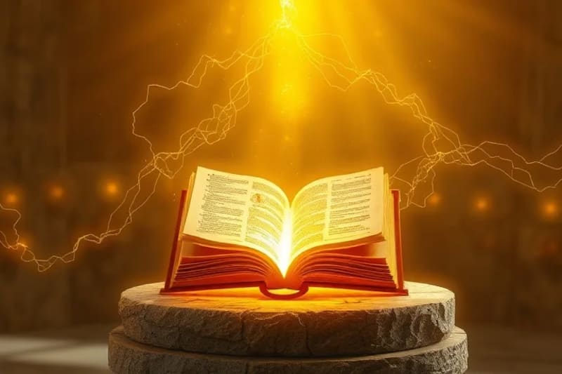 Hebras de luz dorada y cristalina entrelazadas alrededor de una reliquia estilizada, simbolizando la interacción entre fe y ciencia.