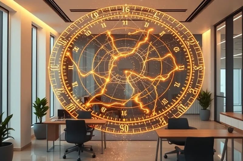 Representación 3D de energía fluyendo en una oficina