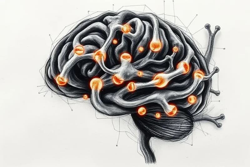Representación artística de la liberación de neurotransmisores en el cerebro, con moléculas coloridas fluyendo entre neuronas activas.