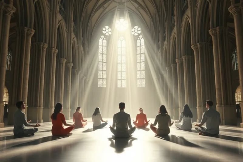 Grupo de personas meditando en un espacio moderno y minimalista, con luces de ciudad borrosas de fondo