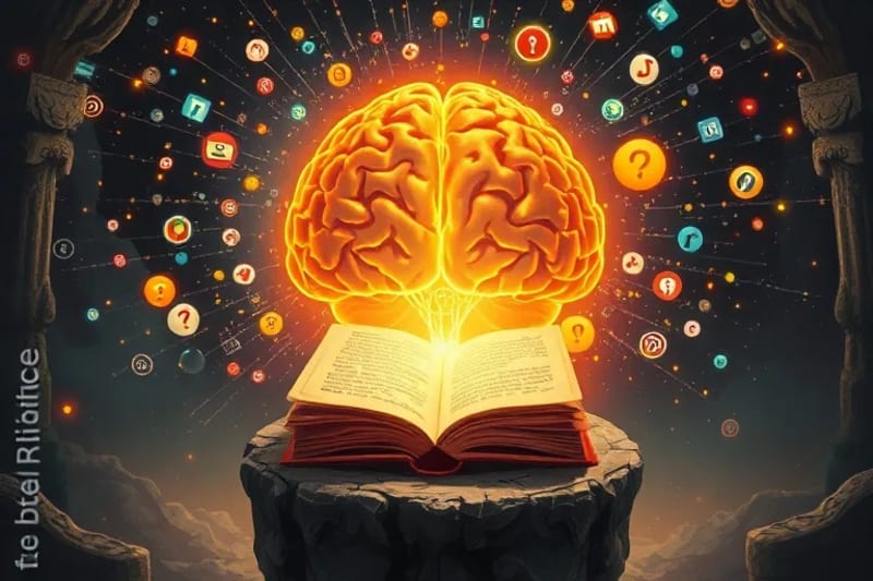 Cerebro estilizado con vías neuronales brillantes, rodeado de un vórtice de iconos digitales y notificaciones, con una burbuja de claridad en el centro