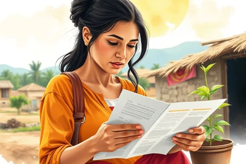 Pintura de acuarela de una mujer en un pueblo rural latinoamericano revisando documentos, con un brote de planta cercano.