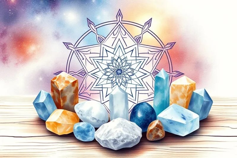 Ilustración de cristales de cuarzo, amatista y rosa en una disposición armoniosa con símbolos planetarios