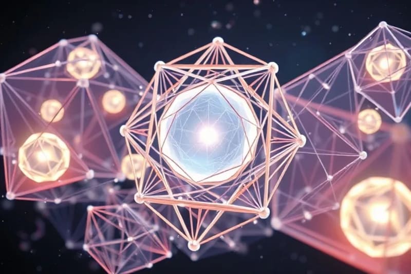 Renderizado 3D de patrones geométricos luminosos interconectados y esferas de luz pulsantes, rodeados de notas musicales translúcidas flotando en el espacio, simbolizando una sinfonía universal ordenada.