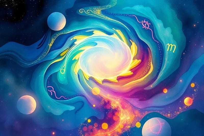 Pintura abstracta de acuarela con símbolos astrológicos, representando el viaje de autodescubrimiento y el propósito del alma.
