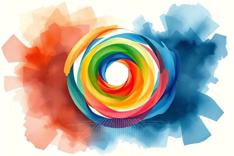 Pintura abstracta en acuarela con tres colores (azul, amarillo, blanco) que se mezclan armoniosamente en un vórtice espiritual vibrante, con patrones de circuitos digitales sutiles.