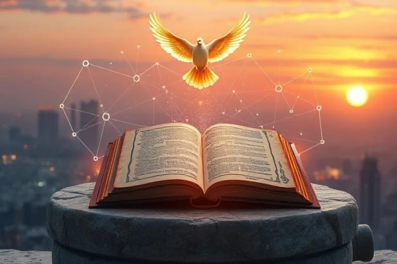 Bodegón conceptual 3D de un manuscrito antiguo abierto con símbolos trinitarios, rodeado de proyecciones holográficas de nodos y datos interconectados. Una paloma de luz estilizada flota encima.