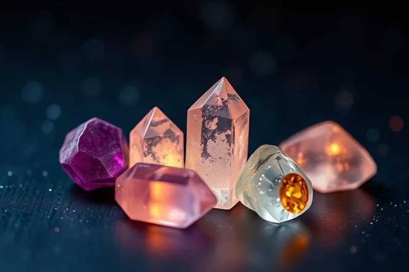 Primer plano de cristales pulidos y en bruto, emitiendo luz de colores que simbolizan la energía de los chakras.