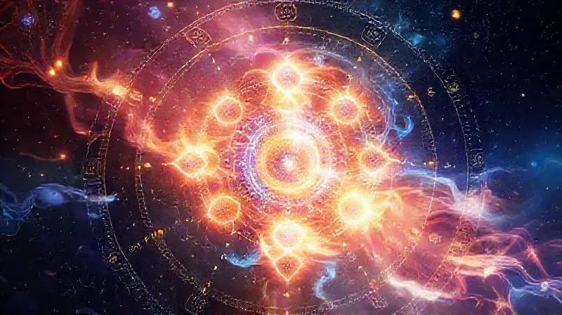 Pintura digital abstracta de flujos de energía con chakras y cristales, con un fondo cósmico sutil.