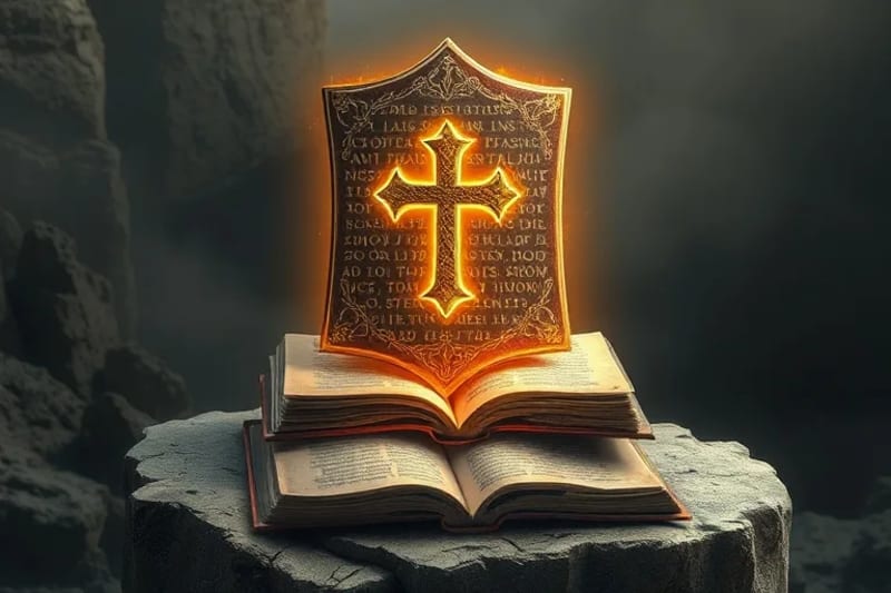 Escudo divino con cruz sobre textos antiguos y tabletas digitales