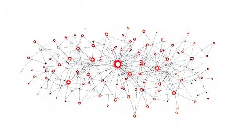 Vector art of a neural network with glowing red nodes, symbolizing anomalous data or emergent digital entities.