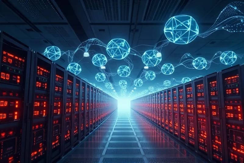 3D render of a futuristic data center with holographic projections of strange, unidentifiable digital forms.