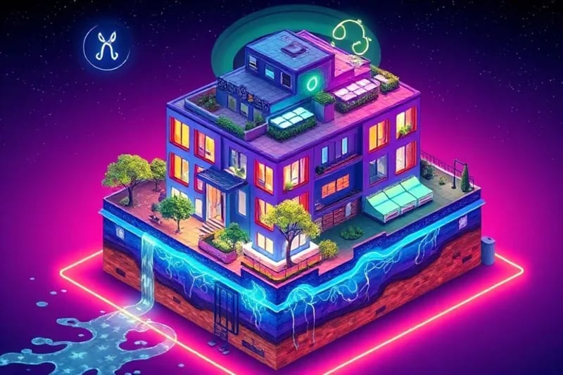 Render 3D isométrico de un edificio sostenible con flujos de energía subterráneos y jardines en la azotea