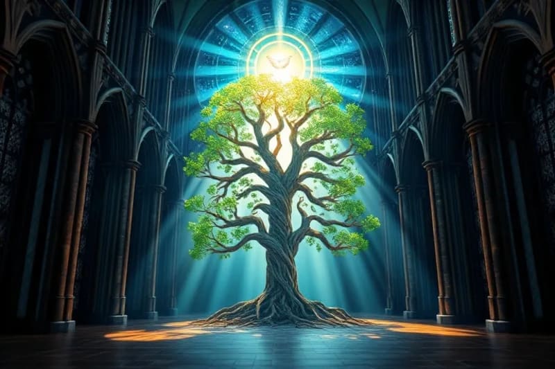 Un árbol de la vida místico con raíces profundas y ramas que alcanzan el cielo, rodeado de símbolos celestiales y terrenales.