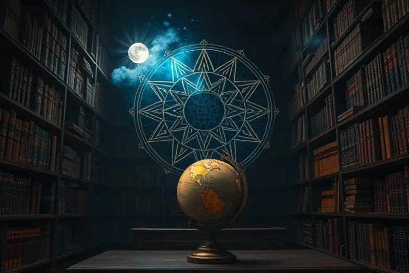 Biblioteca antigua con globo terráqueo iluminado por la luna