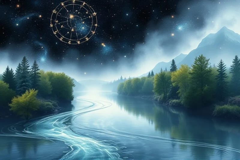 Río oscuro fusionándose con lago claro en acuarela