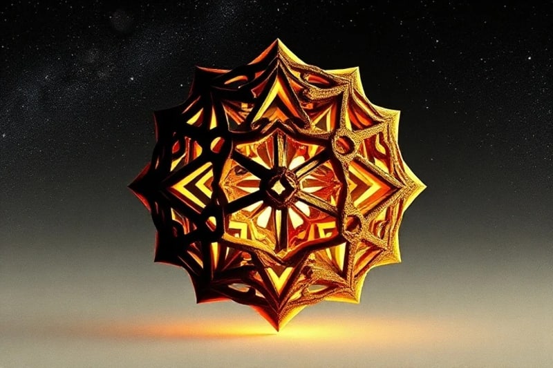 Escultura abstracta de formas geométricas entrelazadas, luz y sombra