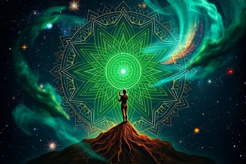 Abstract digital painting showing interconnected light patterns between a human figure and cosmic elements, symbolizing 'as above, so below'.