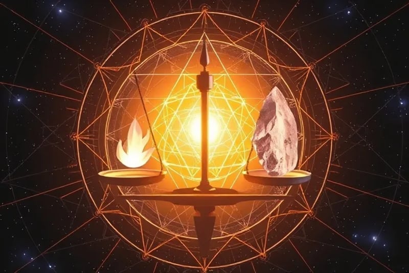 3D render of a balanced scale with a glowing thought-form and a crystal, symbolizing mental creation becoming physical reality.