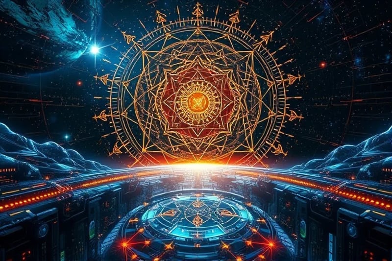 Conceptual art of a bridge connecting ancient symbols and futuristic interfaces