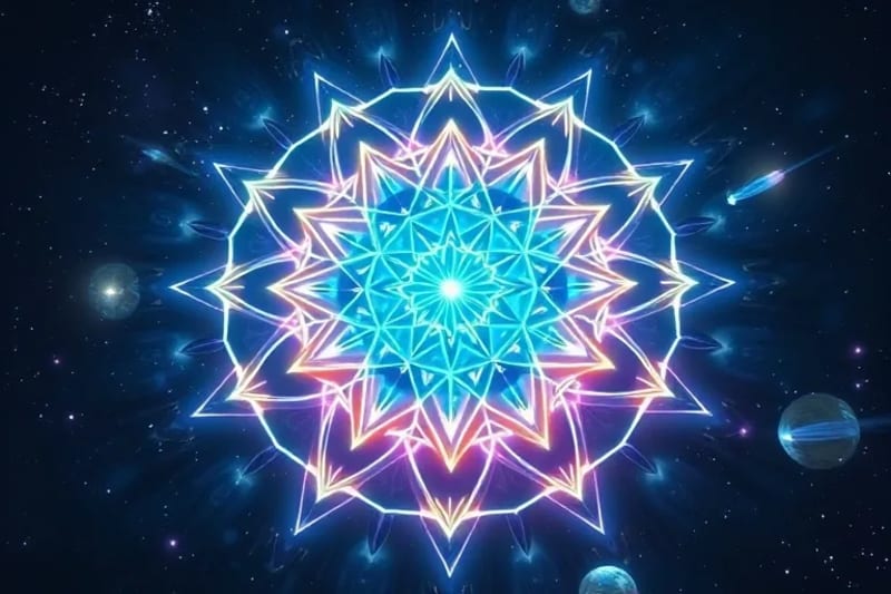 Serene geometric pattern radiating gentle vibrations, dissolving stress.
