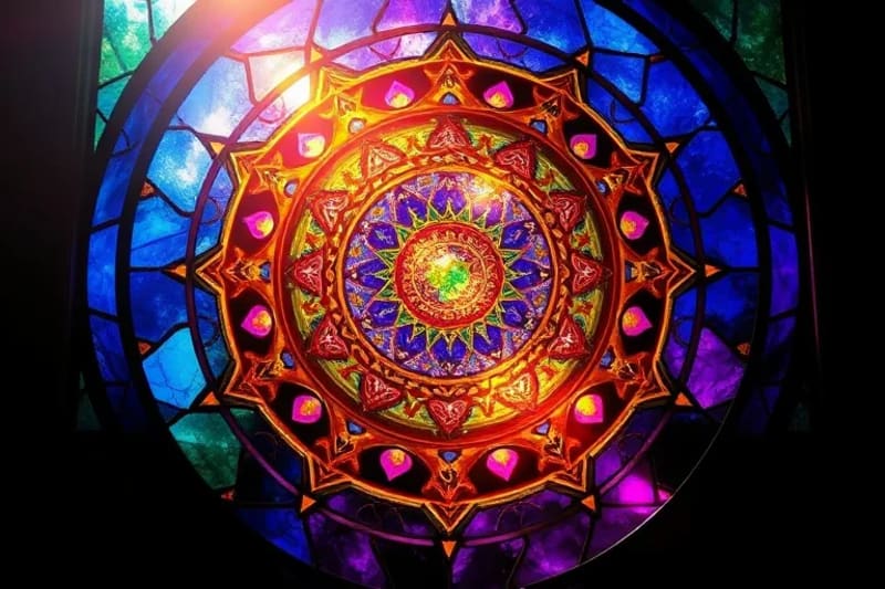 Abstract 3D render of glowing threads connecting geometric shapes and subtle archetypal forms, symbolizing balance and transformation.