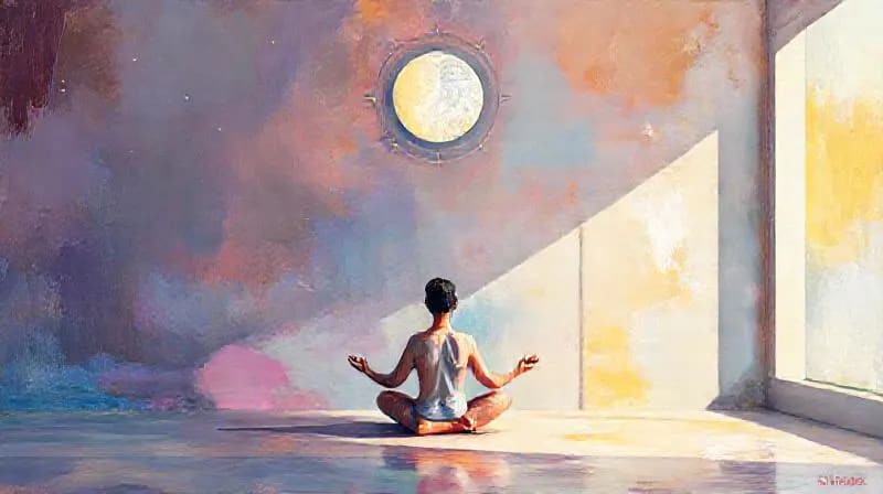 Vector art illustration of a person journaling in a calm space, with subtle calendar elements and a stylized moon icon, representing mindful weekly planning.