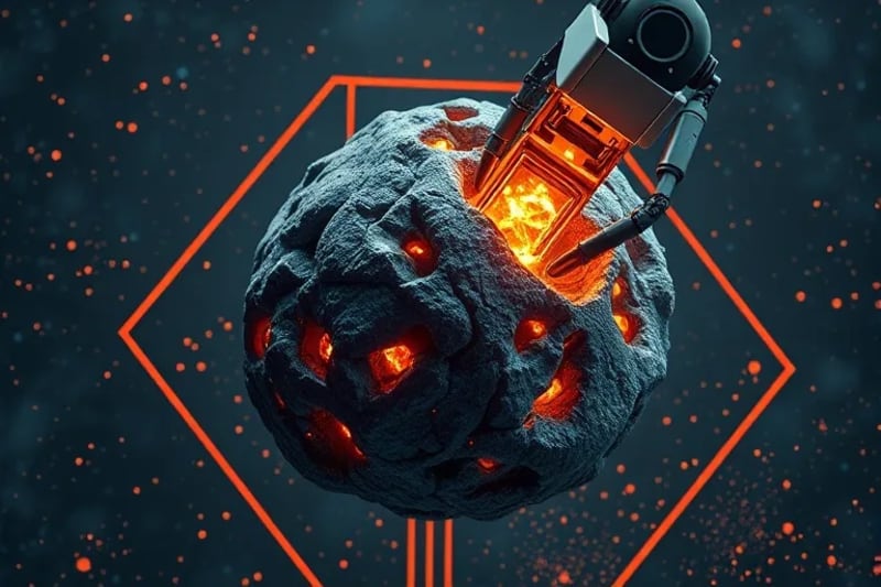 Ilustración de brazo robótico extrayendo minerales de un asteroide con símbolos legales