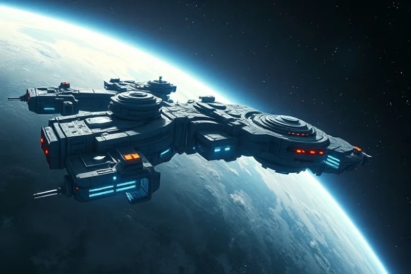 Estación espacial futurista con módulos de procesamiento de recursos y arbitraje legal